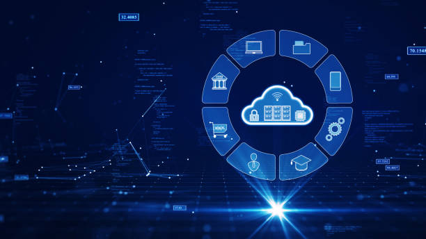 Cloud and edge computing technology concepts with cybersecurity protection. There is a prominent large cloud on the right side and other icons around it. binary code polygon on dark blue background. stock photo