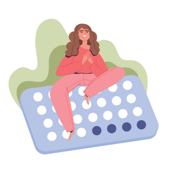 Happy young woman sits on a pack of hormonal contraceptives. Birth control pills. The concept of mental and reproductive health of a woman. Cartoon vector illustration isolated on white background. Happy young woman sits on a pack of hormonal contraceptives. Birth control pills. The concept of mental and reproductive health of a woman. Cartoon vector illustration isolated on white background. hormone therapy stock illustrations