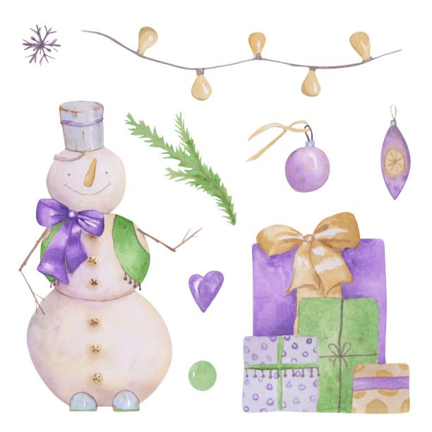 ilustrações de stock, clip art, desenhos animados e ícones de christmas decoration set isolated on a white background. 9 clipart of christmas tree decor. golden bow, new year ball, gold star, snowflake, purple color heart, topper illustration. - decor christmas celebration event christmas ornament