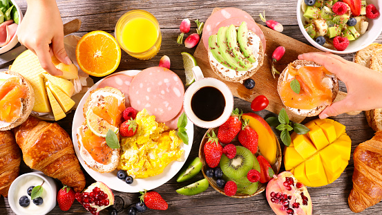table with various of full healthy breakfast