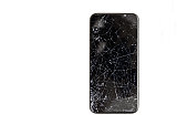 Black broken touch screen phone with cracked screen isolated on a white background
