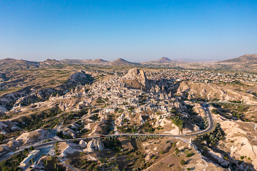 Aerial view of Uchisar natural rock castle in Cappadocia, Turkey.