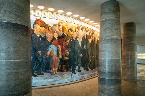 Frankfurt, Germany - July 17, 2021: Mural painting depicting politicians of the pastI inside St. Paul church, First German National Aseembly Hall