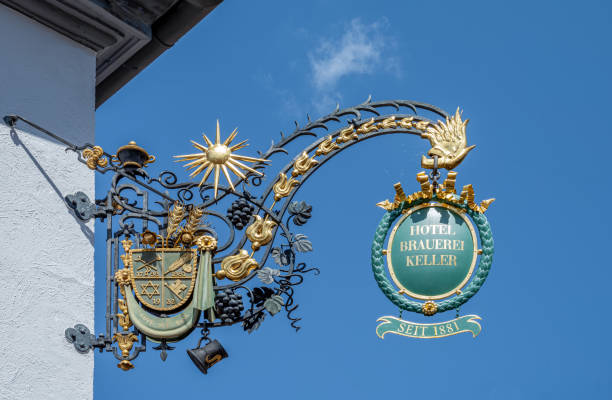 Miltenberg, Germany - July 18, 2021: Detail of the old commercial sign of an  hotel in the Main street,