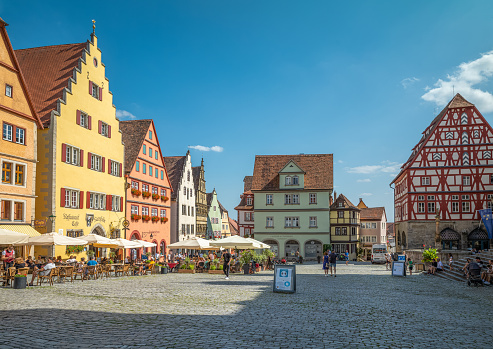 Rothenburg ob der Tauber, Germany - July 20, 2021: The medieval houses of Market square