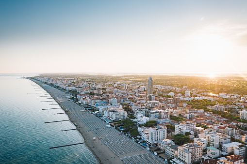 Lido di Jesolo, Italy. Aerial view from above to the famous coast line and touristic holiday destination.