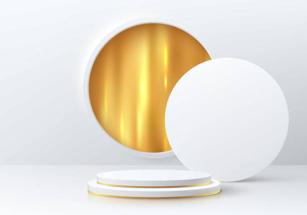 istock Realistic white 3D cylinder pedestal podium with golden in circle window on wall. Vector abstract background with geometric forms. Luxury minimal scene for mockup products showcase, Promotion display. 1415931051