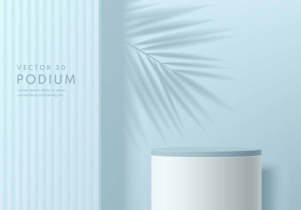 ilustrações de stock, clip art, desenhos animados e ícones de realistic 3d blue, white cylinder stand podium with palm leaf shadow overlay background. vector abstract with geometric form design. minimal wall scene for mockup products display. stage for showcase. - backdrop blue contemporary pattern