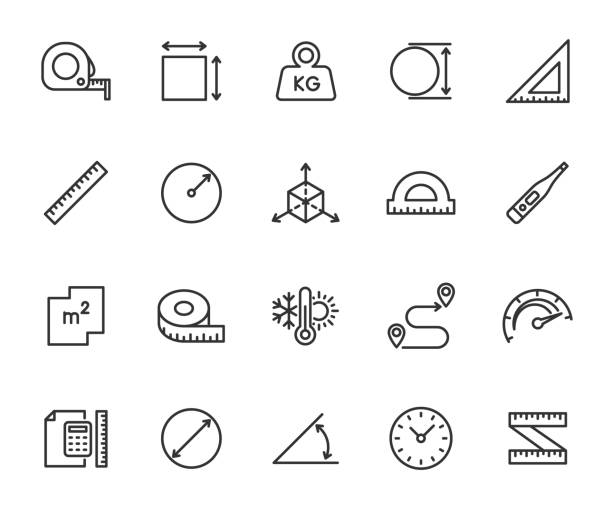 wektorowy zestaw ikon linii pomiarowych. zawiera ikony obszar, taśmę pomiarową, promień, średnicę, oś, wagę, prędkość, temperaturę i inne. piksel idealny. - scale stock illustrations
