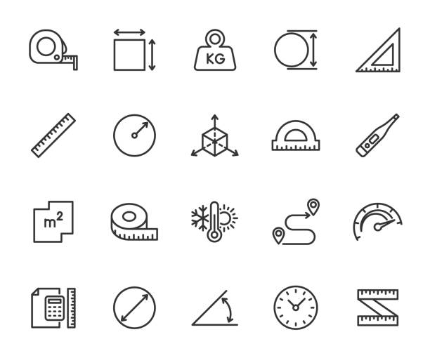 ilustrações de stock, clip art, desenhos animados e ícones de vector set of measuring line icons. contains icons area, measuring tape, radius, diameter, axis, weight, speed, temperature and more. pixel perfect. - ruler tape measure instrument of measurement centimeter