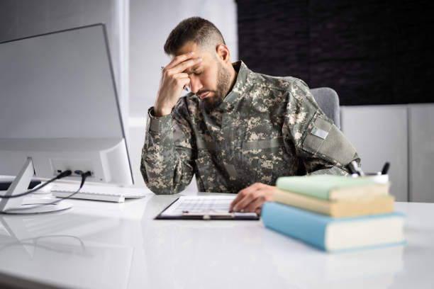 Sad Frustrated Military Veteran Student Doing Test