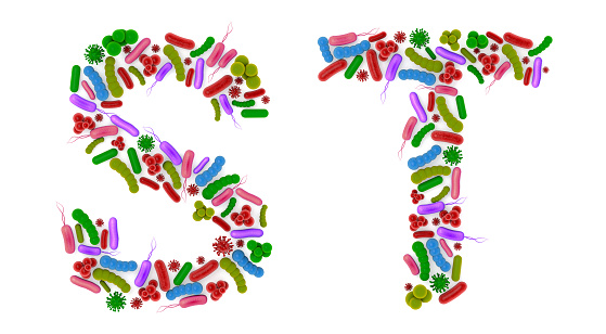 Alphabet S T made of Bacteria isolated on white background, bacteria font. 3d alphabet. 3d illustration.