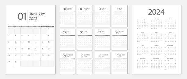 illustrations, cliparts, dessins animés et icônes de calendrier 2023, calendrier 2024 semaine commencer lundi modèle de planificateur de design d’entreprise. - calendrier 2024