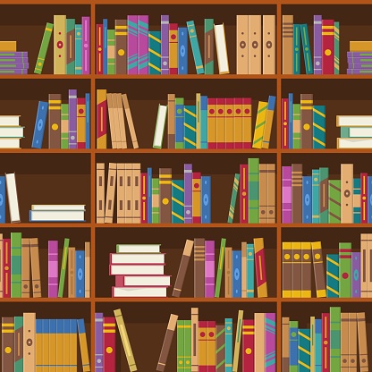 Books on shelves seamless pattern. Bookcase or bookshelves library or bookstore background. Education and knowledge, studying and learning. Vector illustration.