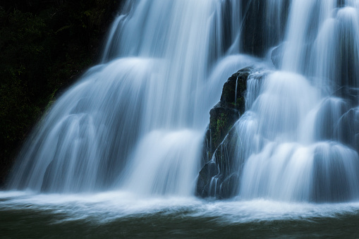 Close-up image of stunning staircase Owharoa Falls, Karangahake Gorge, New Zealand.