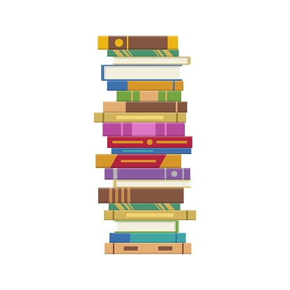 Pile of books isolated on white background. Stack of different books in library or bookstore.. Education and knowledge, studying and learning. Vector illustration.
