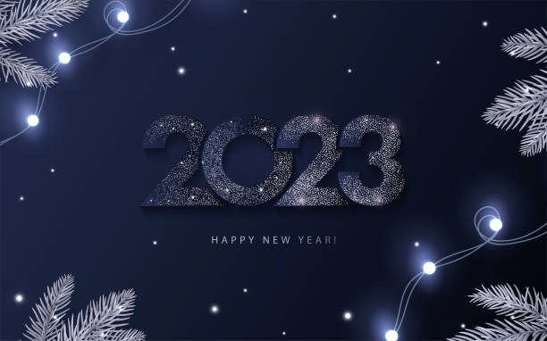 ilustraciones, imágenes clip art, dibujos animados e iconos de stock de feliz año nuevo 2023 hermoso diseño brillante de números sobre fondo azul oscuro con luces, ramas de pino y nieve brillante que cae. banner, póster o plantilla de tarjeta de felicitación modernos de invierno de moda - día de fin de año