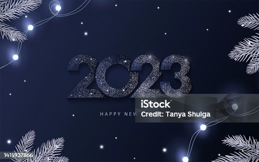 istock Happy New Year 2023 beautiful sparkling design of numbers on dark blue background with lights, pine branches and shining falling snow. Trendy modern winter banner, poster or greeting card template 1415937866