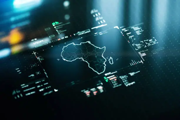 Outline map of Africa infographics with data charts representing communication, internet and technology