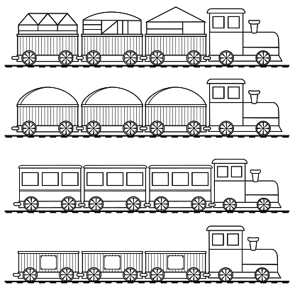 Coloring book for kids train, black contour line, vector isolated doodle illustration.