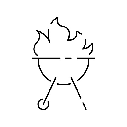 Cooking thin lines icon - household appliances. Kitchen in restaurant with cook and meal or food. Barbecue picnic.