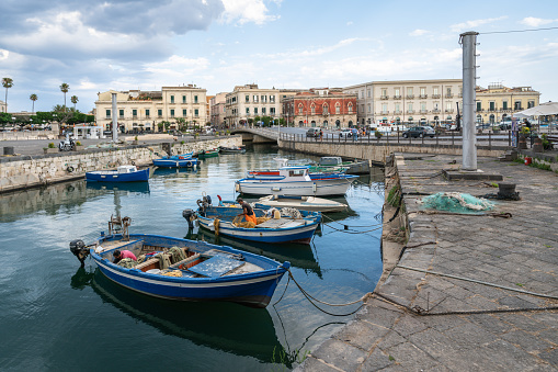 Mallorca island, Balearic Islands, Spain - January 4, 2019: picturesque harbor with fishing boats in Port de Soller