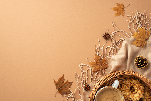 Autumn inspiration concept. Top view photo of wicker tray with cup of frothy hot drinking homemade cookies anise yellow maple leaves plaid and pine cone on isolated beige background with copyspace