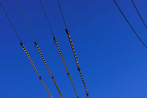 Electrical telephone wires against a blue sky.