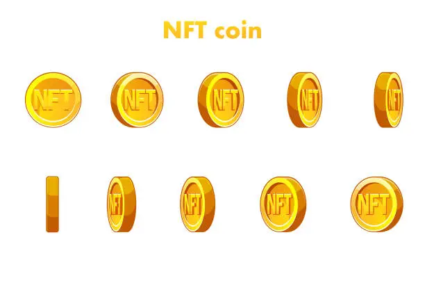 Vector illustration of Vector Gold NFT coin. Animation NFT coin, step by step. Cryptocurrency, NFT-token Internet currency of the future