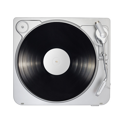 Overhead photo of professional vinyl record player for disc jockey or audiophile. High quality sound system part shot directly from above
