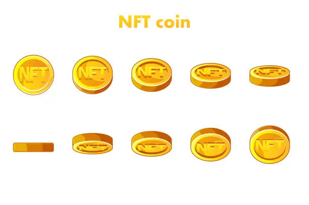 Vector illustration of Vector Gold NFT coin. Animation NFT coin, step by step. Cryptocurrency, NFT-token Internet currency of the future