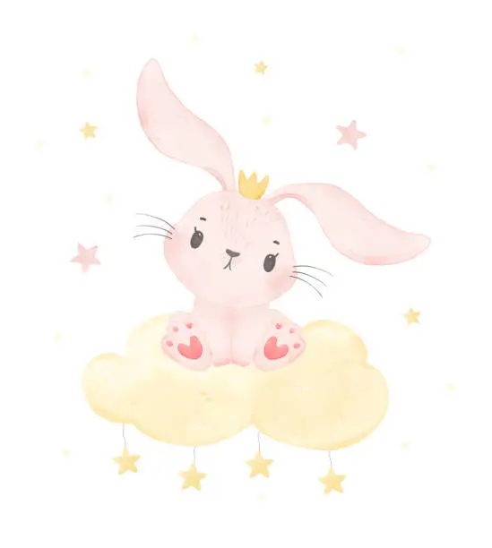 Vector illustration of cute happy smile baby pink bunny little princess sitting on cloud in sky, watercolor wildlife nursery animal hand drawn vector