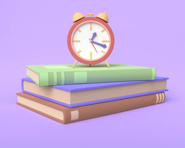 istock 3d alarm clock with educational books on a purple background. 3d rendering 1415948705