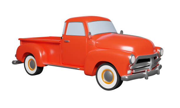 3d pickup truck isolated on white background. 3d rendering - pick up truck red old 4x4 imagens e fotografias de stock