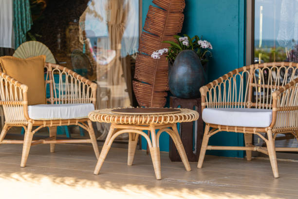 Table and chairs in street cafe, close up, outside stock photo