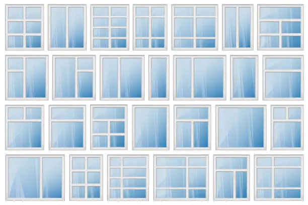 Vector illustration of Set of windows with different design of frames. Shiny new windows with white frames. Vector illustration for web, building booklet and posters, logo design and other interior printed products.