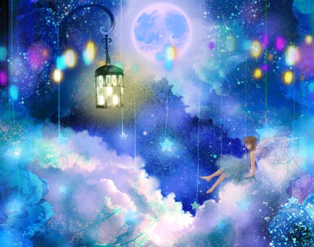 clip art von mädchenhafter fantasy-landschaft - vollmond und leuchtende lampe und fee auf den flauschigen traumsüßen wolken. - dreams heaven cloud fairy tale stock-grafiken, -clipart, -cartoons und -symbole