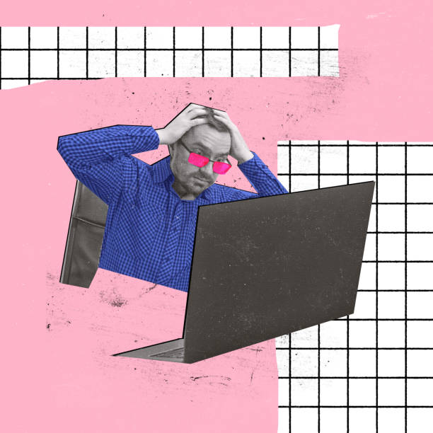 istock Contemporary art collage. Emotive man, IT worker, programmer holding head with hands and looking in laptop. Professional mistake 1415952756