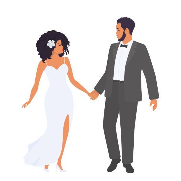 ilustraciones, imágenes clip art, dibujos animados e iconos de stock de pareja afroamericana casándose - love romance cartoon heterosexual couple