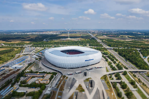 Allianz Arena MUNICH Aerial view of football stadium Allianz Arena. It designed by Herzog  de Meuron and ArupSport. MUNICH, GERMANY - AUGUST 2022 allianz arena stock pictures, royalty-free photos & images