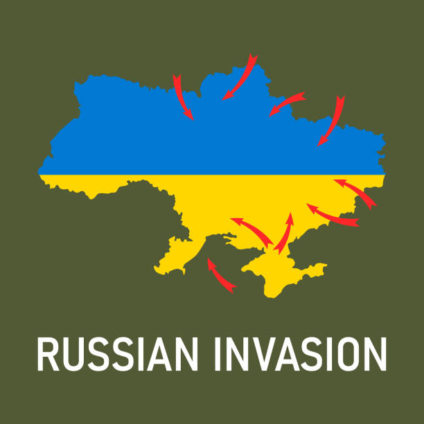 2022 Russian invasion of Ukraine. Map of Ukraine in blue and yellow colors of Ukrainian flag and red arrows of Russian attacks from different directions on khaki background. Vector illustration. 2022 Russian invasion of Ukraine. Map of Ukraine in blue and yellow colors of Ukrainian flag and red arrows of Russian attacks from different directions on khaki background. Vector illustration ukraine war stock illustrations