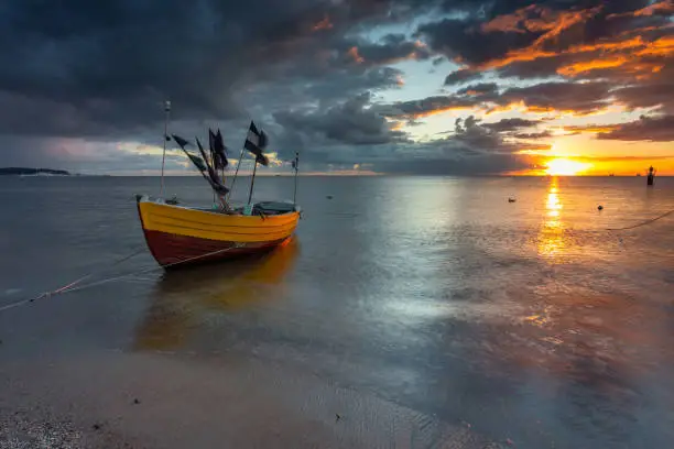 Beautiful sunrise on the beach of Baltic Sea in Sopot, Poland