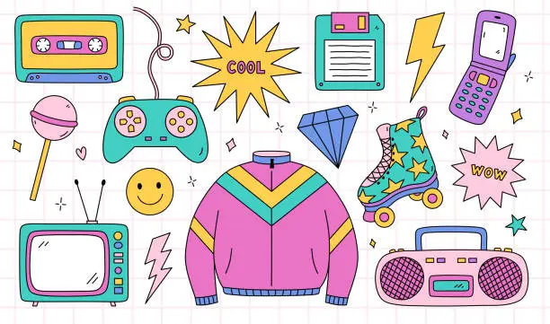 Vector illustration of Bright doodle set of items from the nineties - retro cassette tape, sports jacket, tape recorder, roller skate, TV, joystick, floppy disk, cool and wow stickers, lightnings. Nostalgia for the 1990s.
