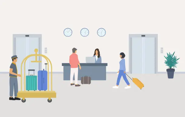 Vector illustration of Hotel Reception With People. Young Man Talking With Receptionist And Checking In To Hotel. Young Woman Pulling Her Luggage And Bellboy With Luggage Trolley In Lobby