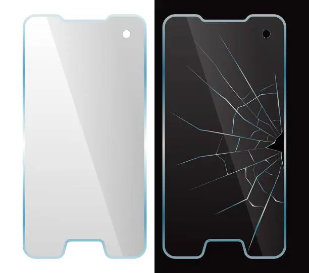 Vector illustration of set of realistic  broken screen protector film on smartphone or damaged display glass mobile phone or glass cover screen protect smartphone concept. eps vector