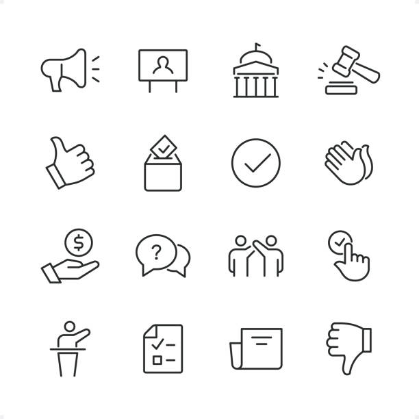 ilustrações de stock, clip art, desenhos animados e ícones de politics - pixel perfect line icon set, editable stroke weight. - interface icons election voting usa