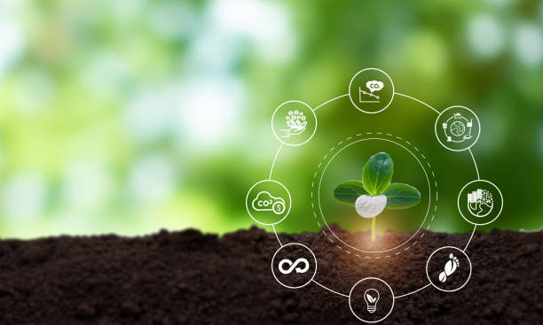 istock Green business and sustainable development. Save of earth, saving environment, save clean planet, ecology concept.  World earth day. Protected planet and eco symbols on green view background. 1415959149