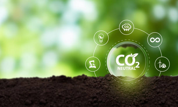 Carbon neutral sustainable development concept. Green industry. Net zero greenhouse gas emissions target 2050. Climate neutral long term strategy. Carbon neutral symbols on green view background . concepto de desarrollo sostenible neutro en carbono. industria verde. objetivo de cero emisiones netas de gases de efecto invernadero para 2050. estrategia climática neutra a largo plazo. símbolos neutros en carbono sobre fondo de vista verde.