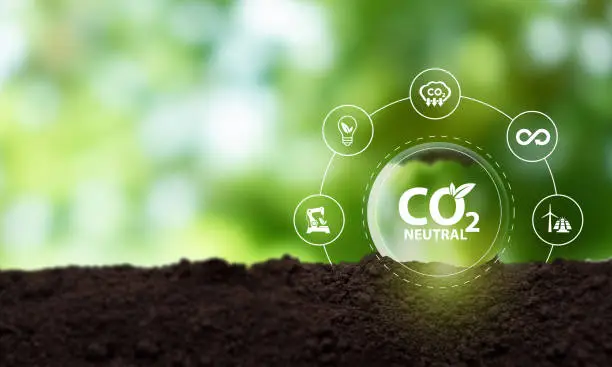 Photo of Carbon neutral sustainable development concept. Green industry. Net zero greenhouse gas emissions target 2050. Climate neutral long term strategy. Carbon neutral symbols on green view background .