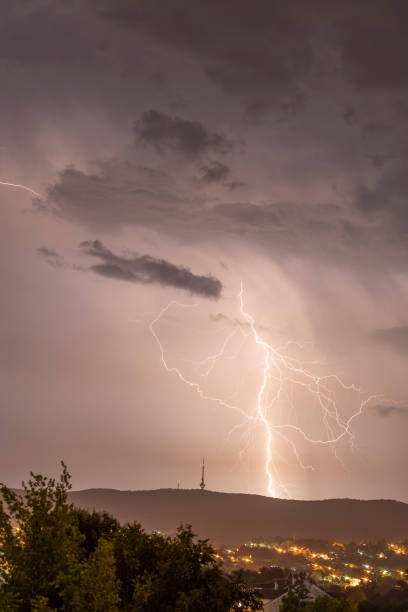 istock Massive Lightning Strike Over the City Suburbs Lights 1415961546